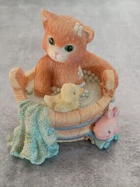Cute Orange Kitty in Wooden Tub Figurine with Duck Calico Kittens